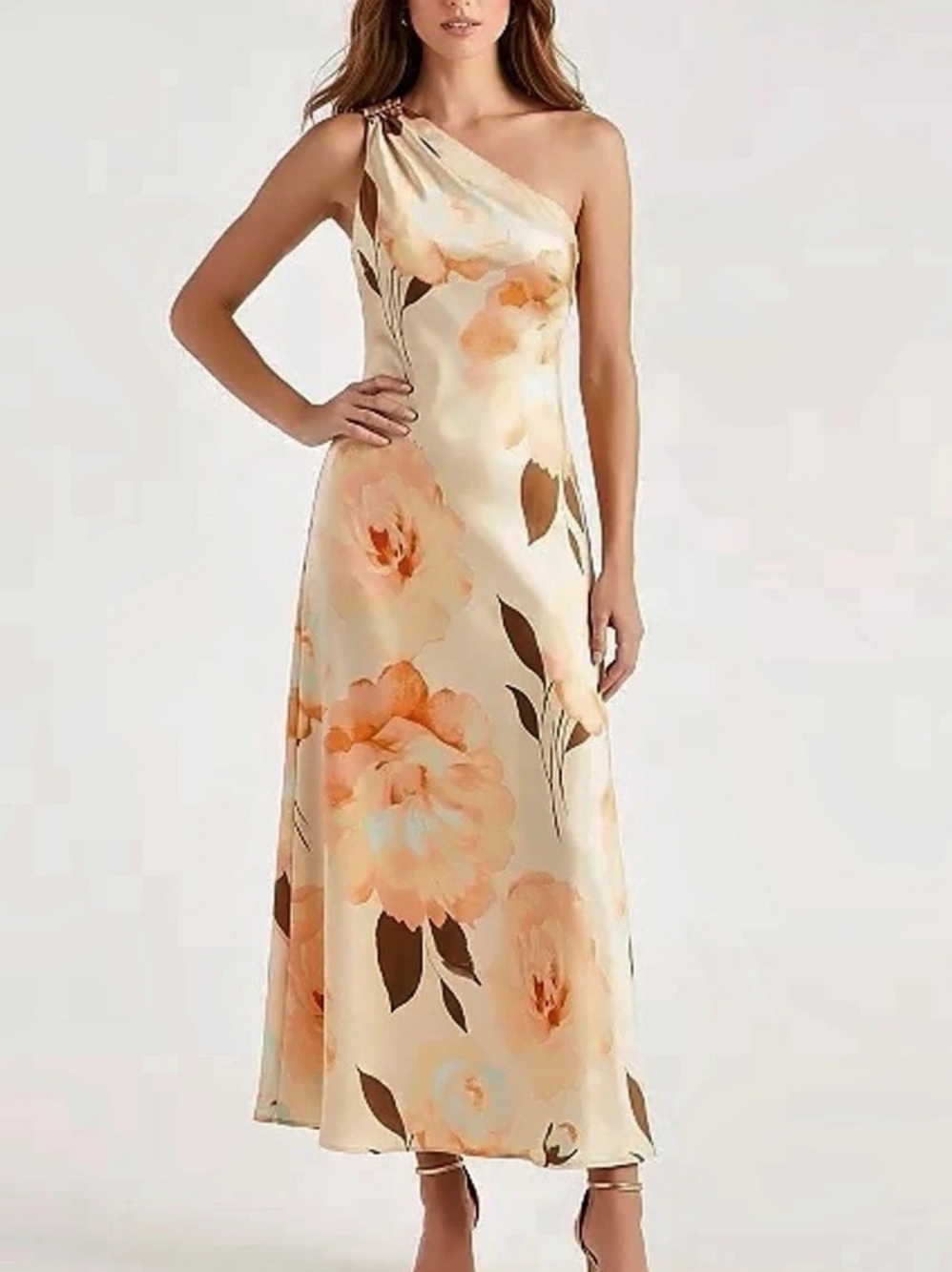 Taylor Size 10 Peach Floral One-Shoulder Scarf Maxi Dress Ring Detail
